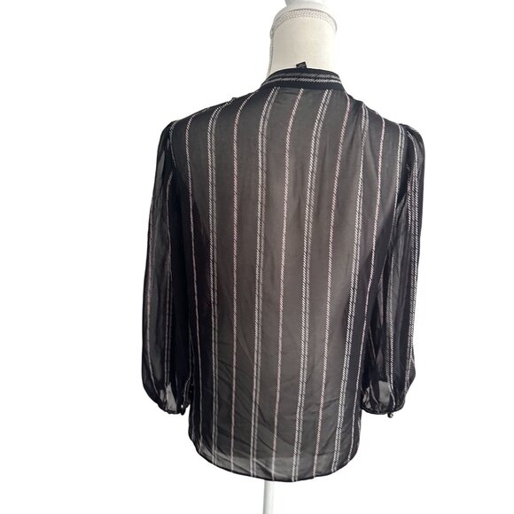 WHITE HOUSE BLACK MARKET WHBM Black White Striped Sheer Ruffle Blouse Size Small - Picture 3 of 9